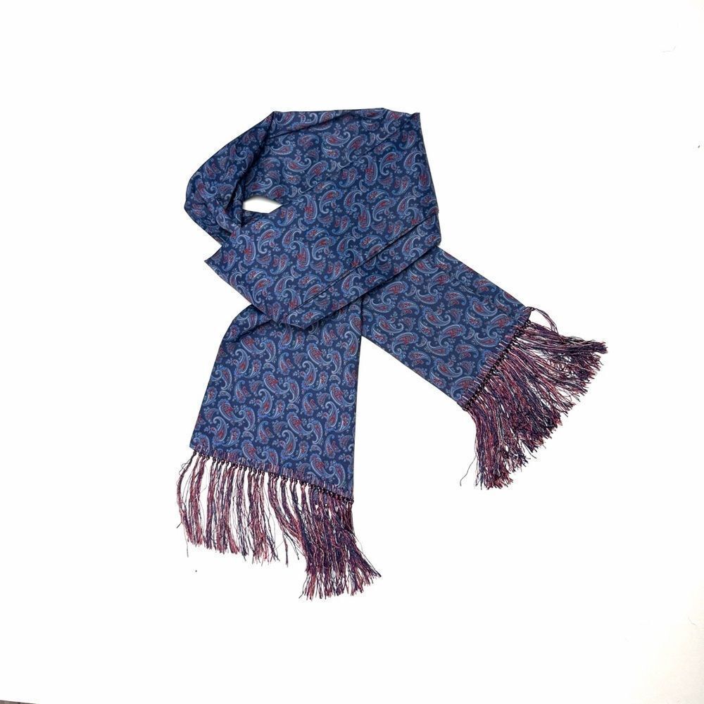 Men's Classic Doubled Dress Scarf Blue Paisley Print with Fringes